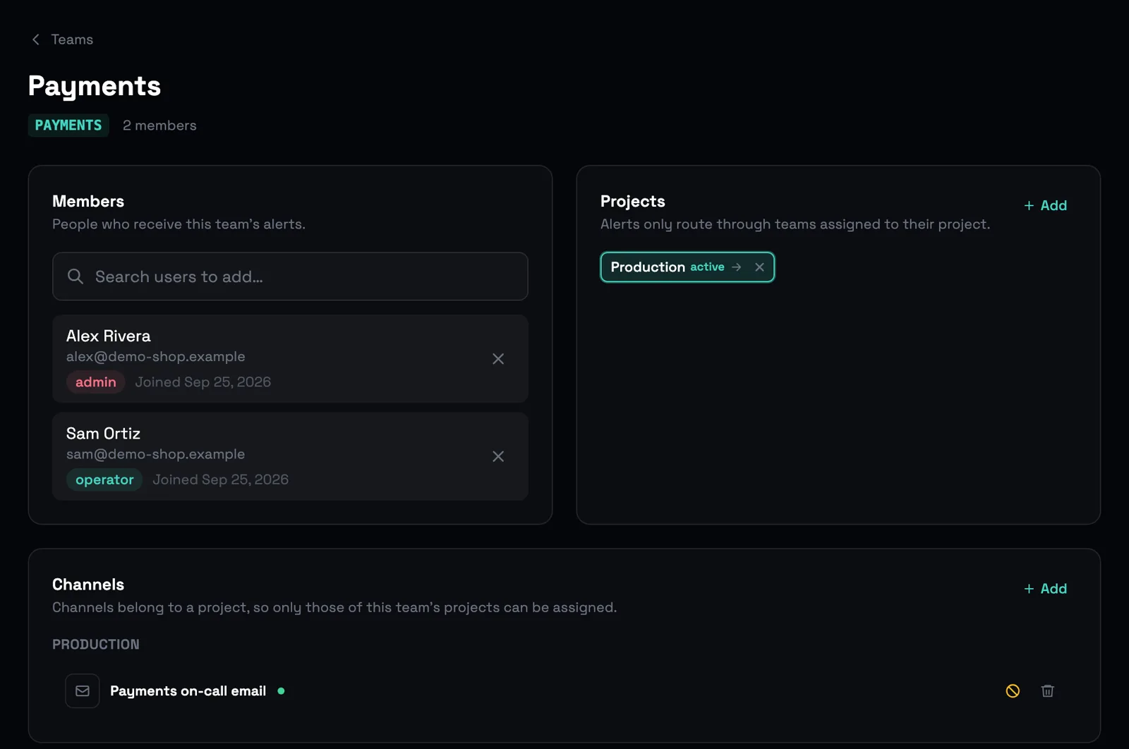 Sigtake team detail: the Payments team, code PAYMENTS, its members, the Production project and the Payments on-call email channel.